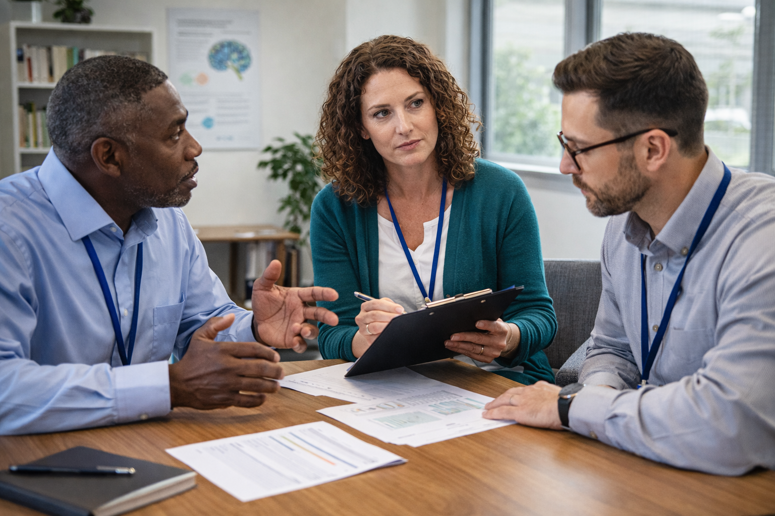 Three professionals discussing behavioral health strategies at a table, with documents and a clipboard, emphasizing collaboration and differentiation in the field.